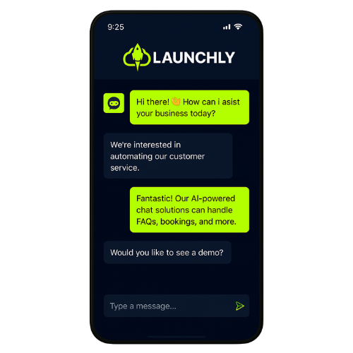 Mobile phone screen showing Launchly AI chatbot conversation
